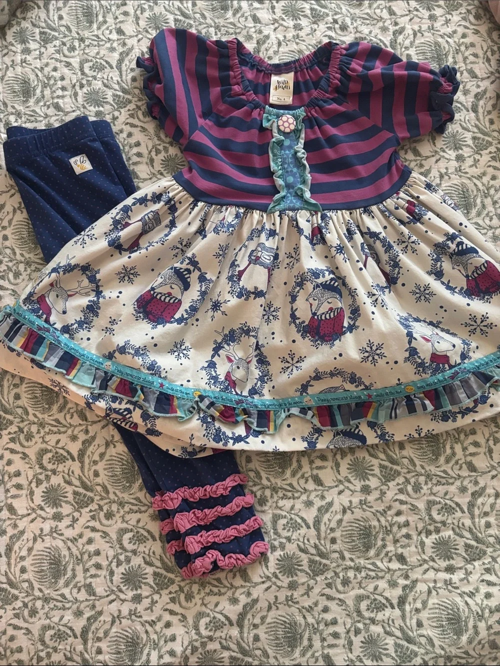 Girls Purple & Navy Striped Winter Owl Dress with Navy Leggings